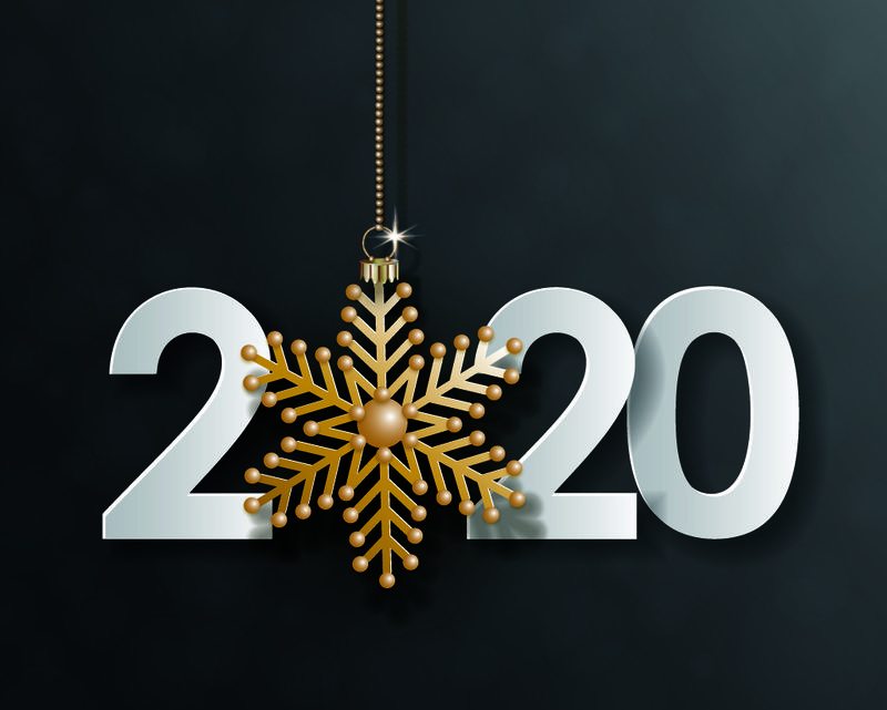 2020新年快乐-创意日期设计-白色体积数字-黑色背景上的金色链子上悬挂着3D金色雪花-矢量图EPS10