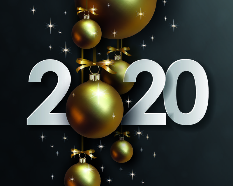 2020新年快乐-创意日期设计-白色立体数字-黑色背景上的彩带上挂着3D金色圣诞球-矢量图EPS10