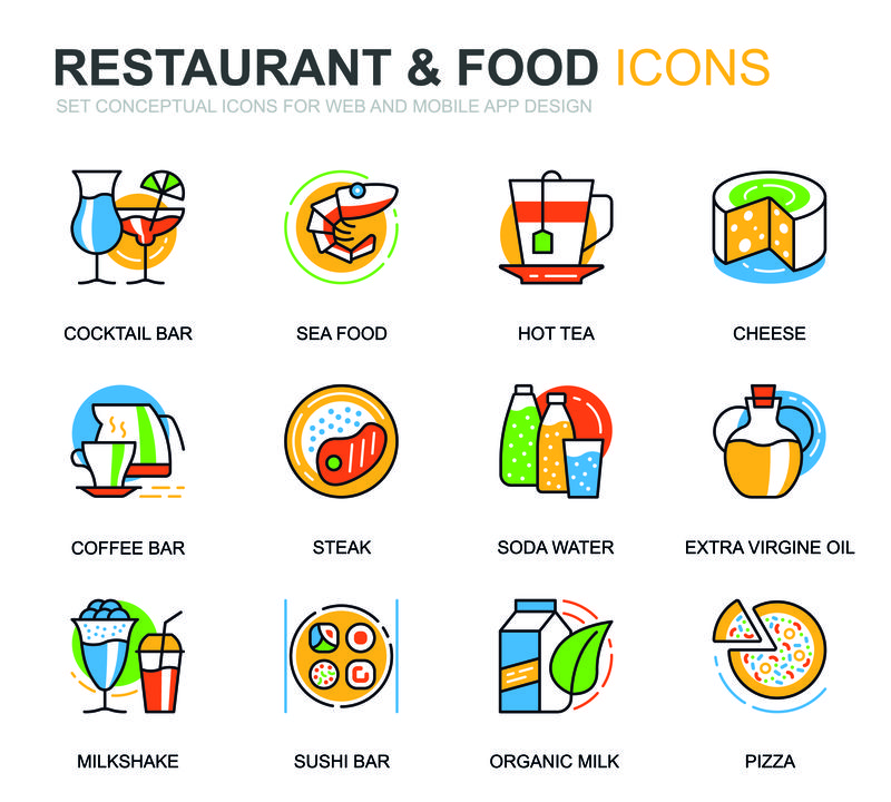 为网站和移动应用程序设置简单的餐厅和食品线图标-包含快餐、菜单、有机水果、咖啡吧等图标-概念颜色线图标-矢量象形图包