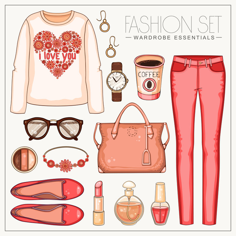 时尚女装珊瑚色休闲装配长裤和上衣