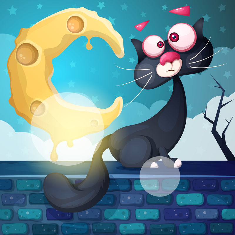 有趣,可爱,疯狂的猫角色。月亮,云,石头。