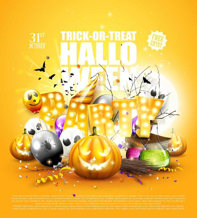 现代万圣节派对背景与气球-五彩纸屑和万圣节装饰