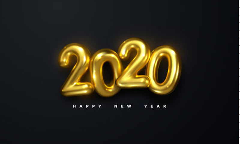 2020年新年快乐-黑色背景下2020年黄金金属数字的假日矢量图-逼真的三维标志-节日海报或横幅设计