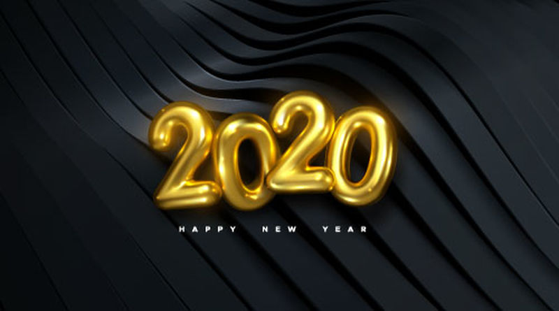 2020年新年快乐-金色金属数字2020在波浪状黑丝带背景上的假日矢量图-逼真的三维标志-节日海报或横幅设计-现代封面设计