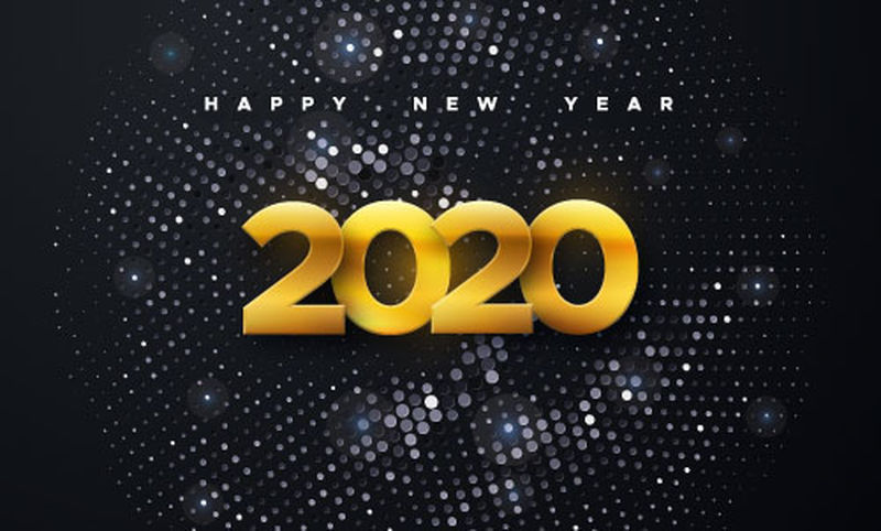 2020年新年快乐-矢量假日插图-黑色背景上的金色数字-闪烁着银光-节日活动横幅-海报或封面设计的装饰元素