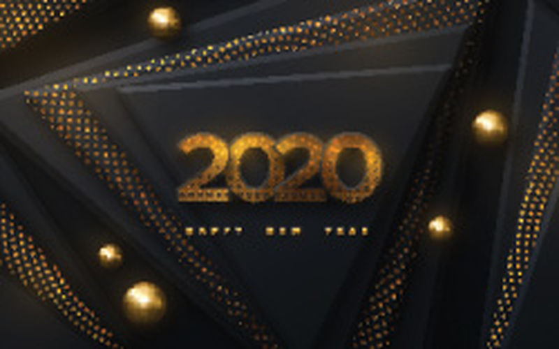 2020年新年快乐-矢量假日插图-霓虹灯闪烁的数字纹理闪烁的粒子-三角形和球体的几何背景-节日横幅-海报或封面设计