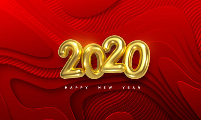 2020年新年快乐-矢量假日插图-黄金数字2020-红色几何分层背景-节日活动横幅-有雕刻波浪图案的纸形状-海报或封面设计