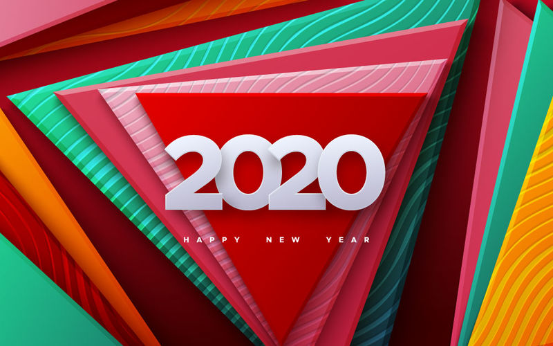 2020年新年快乐-矢量假日插图-2020年的白色数字-彩色几何背景-节日活动横幅-有雕刻波浪图案的纸形状-海报或封面设计