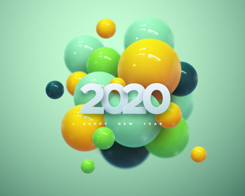 2020年新年快乐-2020年白纸数字和抽象彩色球或泡泡的假日矢量图-3D标牌-节日海报或横幅设计-纽约聚会请柬