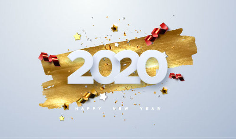 2020年新年快乐-矢量假日插图剪纸数字与闪闪发光的五彩颗粒-金星和彩带-节日活动横幅-海报或封面设计的装饰元素