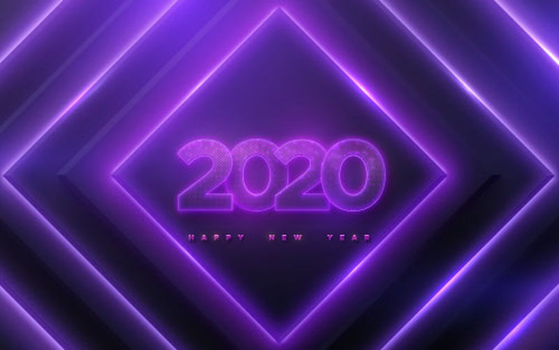 2020年新年快乐-矢量假日插图-霓虹灯发光的数字纹理与闪烁的粒子在几何霓虹灯的背景-节日横幅-海报或封面设计装饰