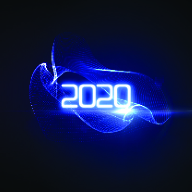 2020年新年快乐-未来发光霓虹灯与爆裂的光线飞溅-矢量假日插图-庆祝2020年新年党标-设计装饰元素