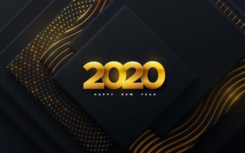 2020年新年快乐-矢量假日插图-黑色几何背景上的剪纸金色数字-节日活动横幅-有闪光和波浪图案的纸张形状-海报或封面设计
