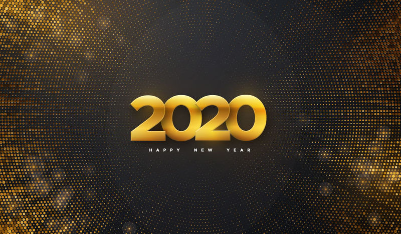 2020年新年快乐-矢量假日插图-黑色背景上的金色数字-闪烁着闪光-有着耀眼光线的节日活动横幅-现代海报或封面设计