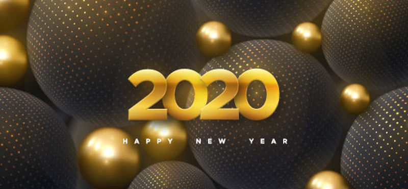 2020年新年快乐-黄金数字2020和抽象黑球或泡泡的假日矢量图-3D标牌-节日海报或横幅设计-聚会邀请