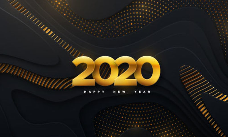 2020年新年快乐-矢量假日插图-剪纸金色数字-分层黑色背景-节日活动横幅-有闪光和波浪图案的纸张形状-时尚封面设计
