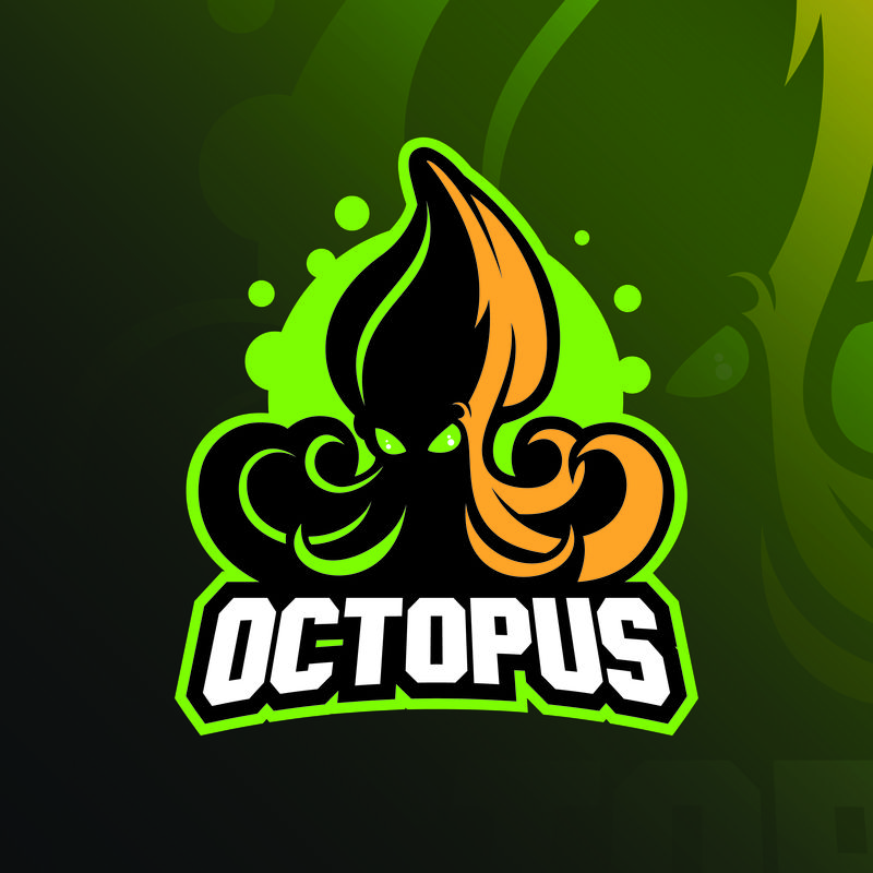 章鱼运动吉祥物标志设计插图、T恤和徽章