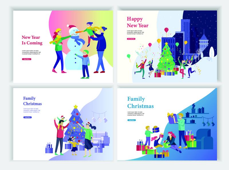 一套登录页模板或贺卡-圣诞快乐-新年快乐-室内客厅装饰圣诞树-城市公园堆雪人