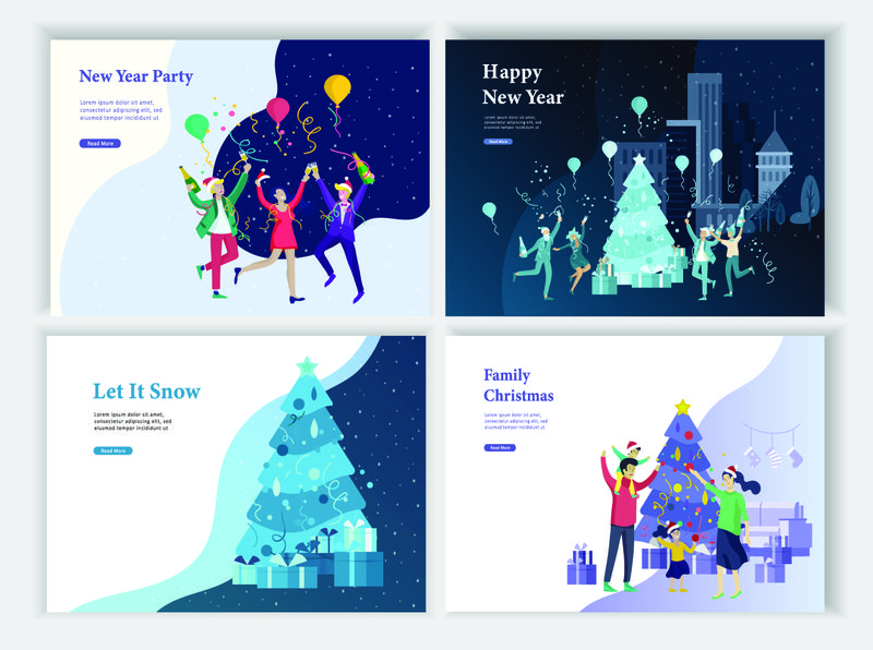 一套登录页模板或贺卡-朋友庆祝圣诞快乐和新年快乐-性格家庭买礼物-带着买东西-堆雪人-城市公园景观中的圣诞树