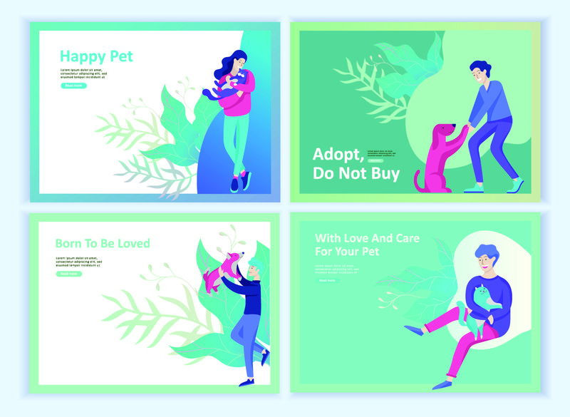 带有矢量符号的登录页模板集-快乐的人们和他们的宠物-猫爱它的主人-关心和爱-宠物店和兽医药房-动物日和收养-矢量