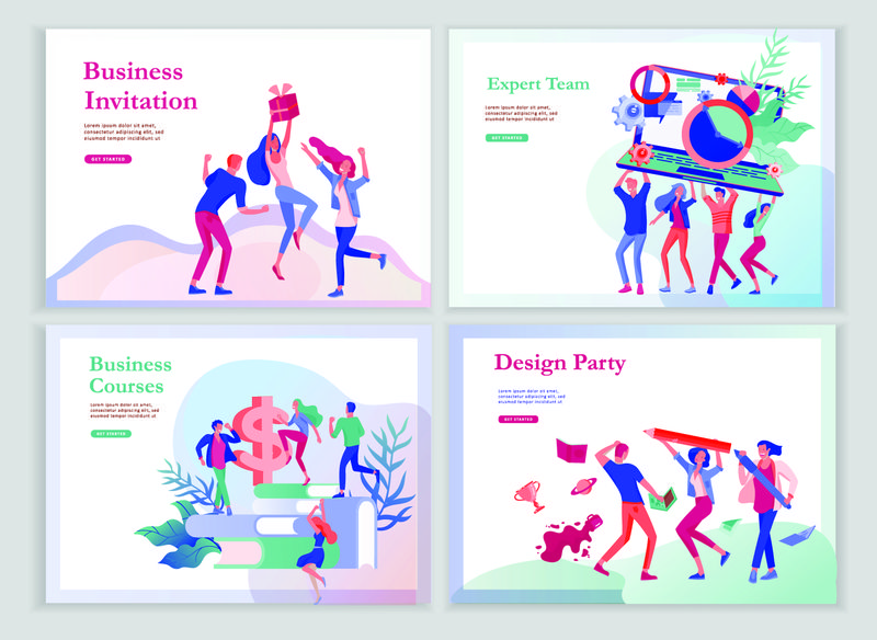 团队成员移动时设置的登录页模板-商务邀请和企业聚会-设计培训课程-介绍我们-专家团队-愉快的团队合作-平面字设计插图