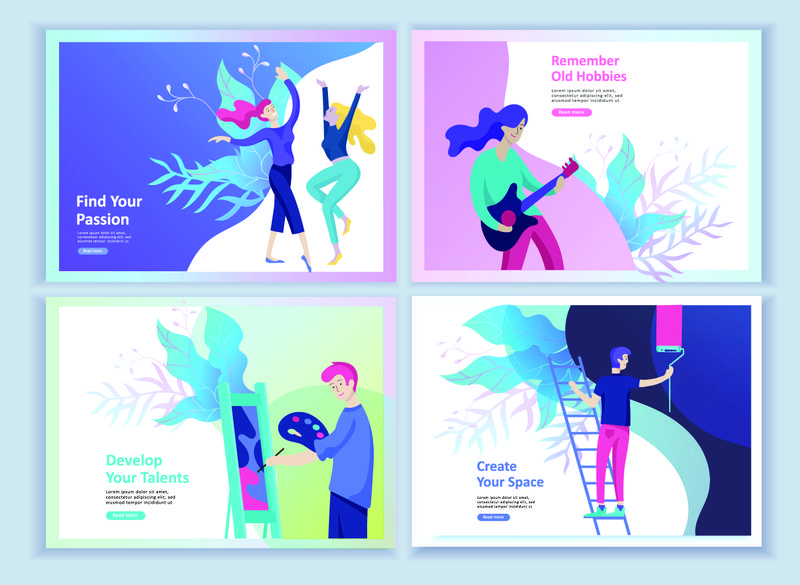 爱好博客的登录页模板集-人们喜欢自己的爱好-跳舞-骑踏板车-画墙壁和画-弹吉他-做饭-矢量字符