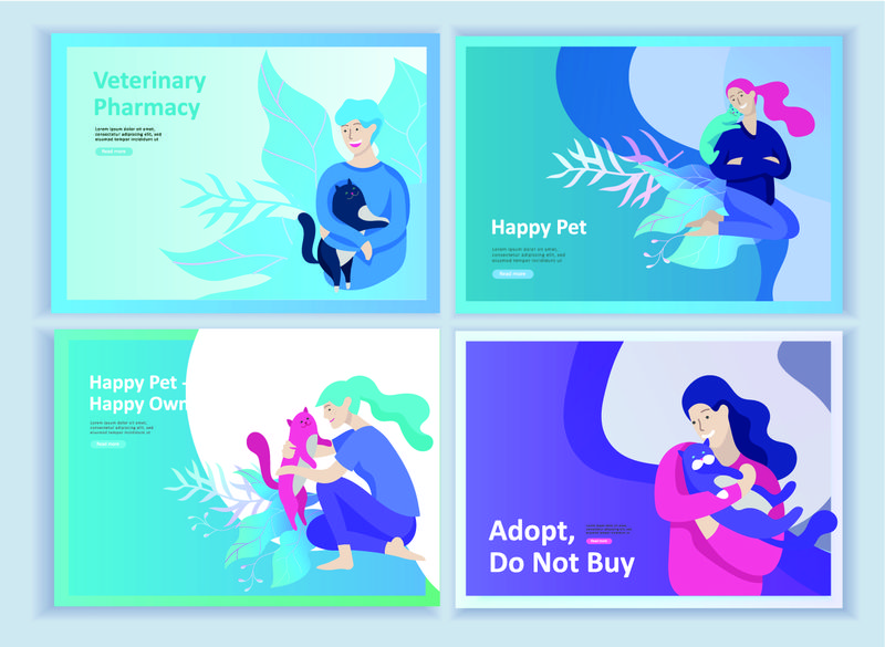 带有矢量符号的登录页模板集-快乐的人们和他们的宠物-猫爱它的主人-关心和爱-宠物店和兽医药房-动物日和收养-矢量