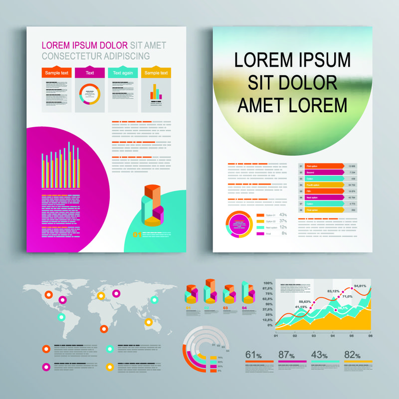 商业宣传册模板设计-粉红色和蓝色圆形元素-封面布局和信息图形