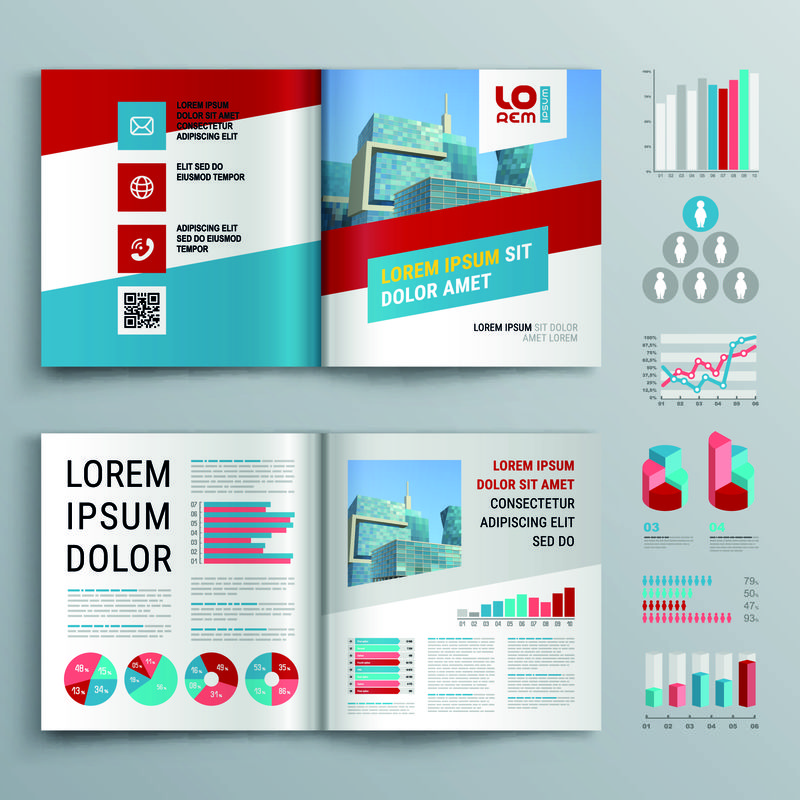 红色和蓝色对角线形状的商业小册子模板设计-封面布局和信息图形