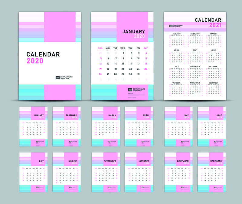 设置桌面日历2020模板向量，柔和概念，日历