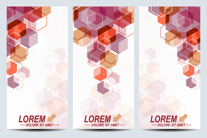 矢量传单集。背景是五彩缤纷的六边形。现代时尚设计