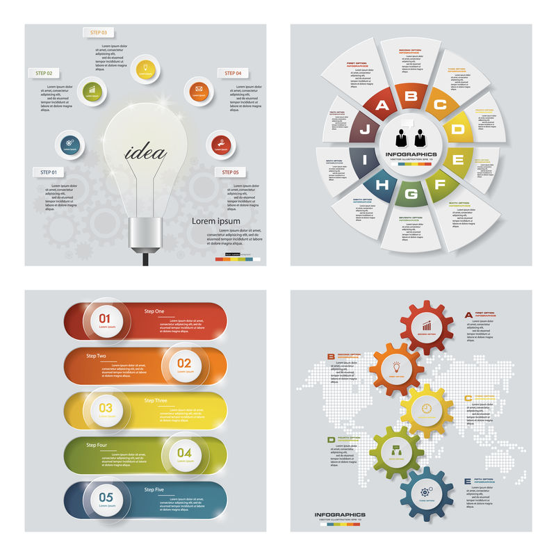 收集了4个设计丰富多彩的演示模板-矢量背景-为了你的想法和演讲