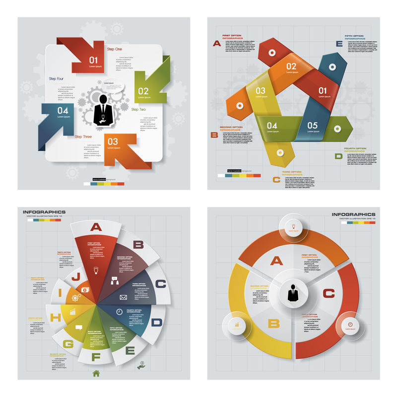 收集了4个设计丰富多彩的演示模板-矢量背景-为了你的想法和演讲