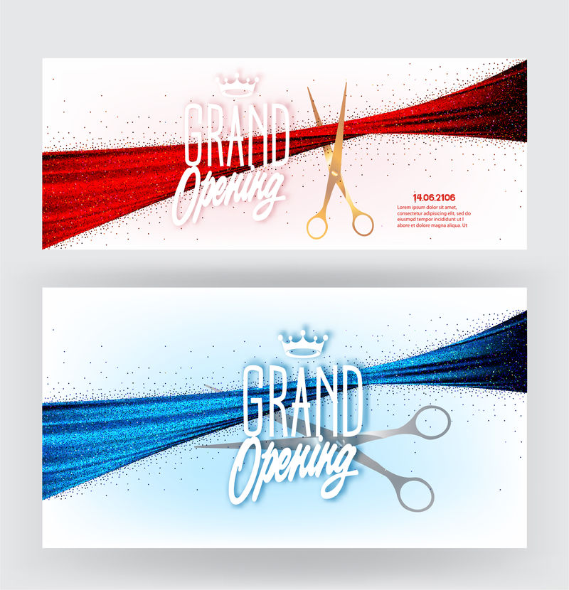 闪亮的缎带和剪刀的盛大开幕横幅