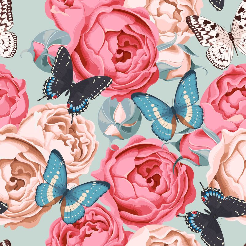 无缝牡丹玫瑰蝴蝶