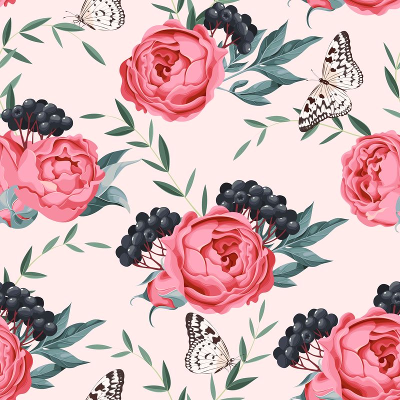 牡丹和浆果无缝