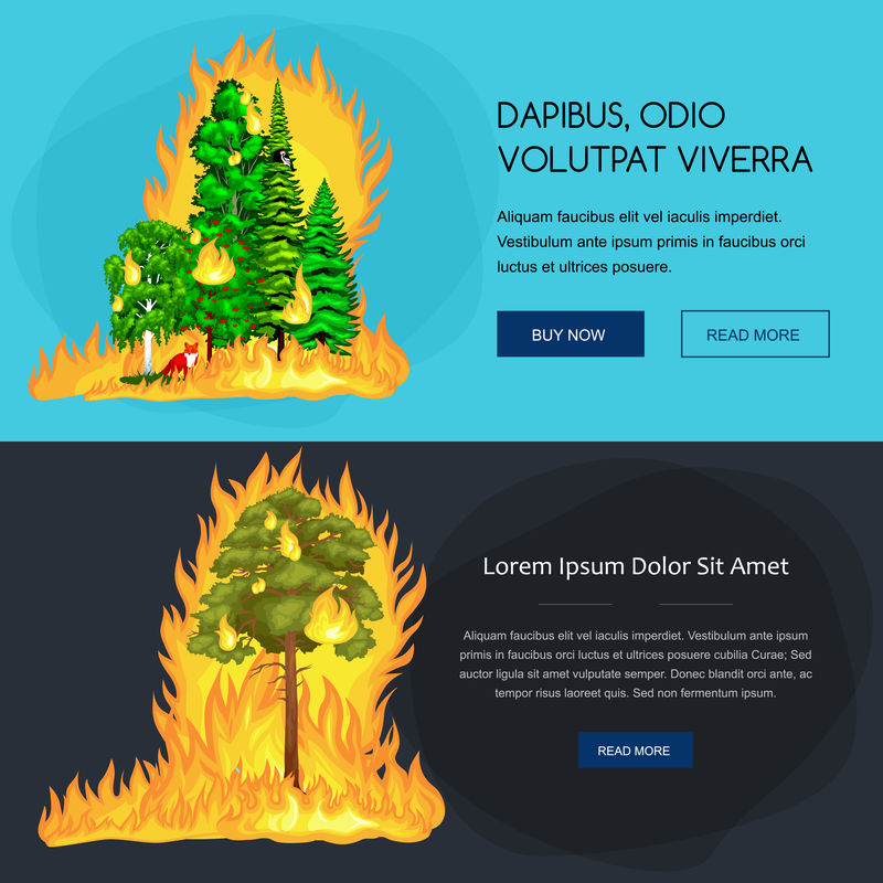 森林火灾，森林景观破坏中的火灾，自然生态灾害，火烧树木，危险森林火灾烟雾火焰，火烧木材背景矢量图。火烧树木红色和橙色