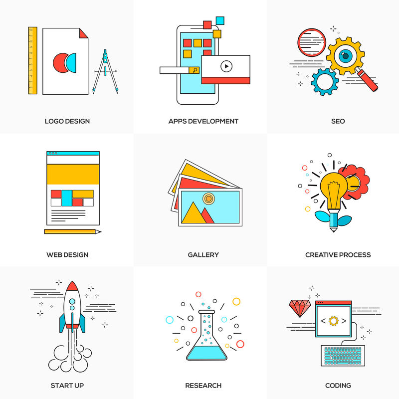 技术与发展的扁平线图标集