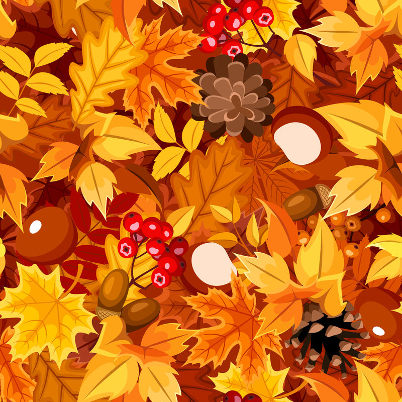 矢量无缝图案与秋天五颜六色的叶子-球果-栗子-罗汉果和橡子