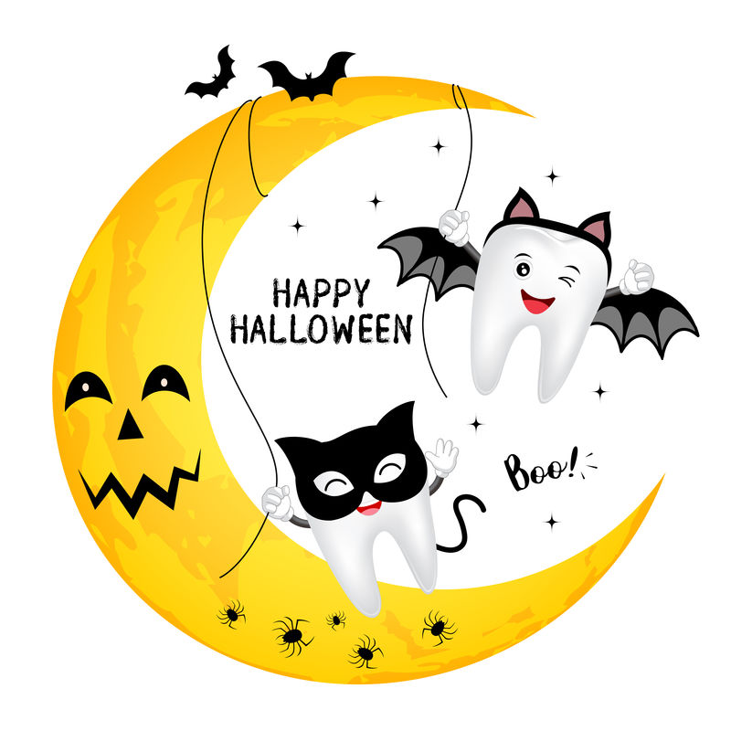 有趣可爱的卡通牙齿角色-黑猫和蝙蝠-万圣节快乐概念-横幅、海报、贺卡设计-插图