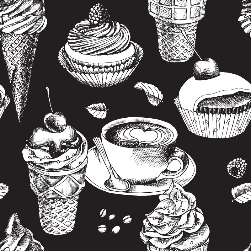 冰淇淋圆锥体与浆果、蛋糕、咖啡完美融合-矢量图解