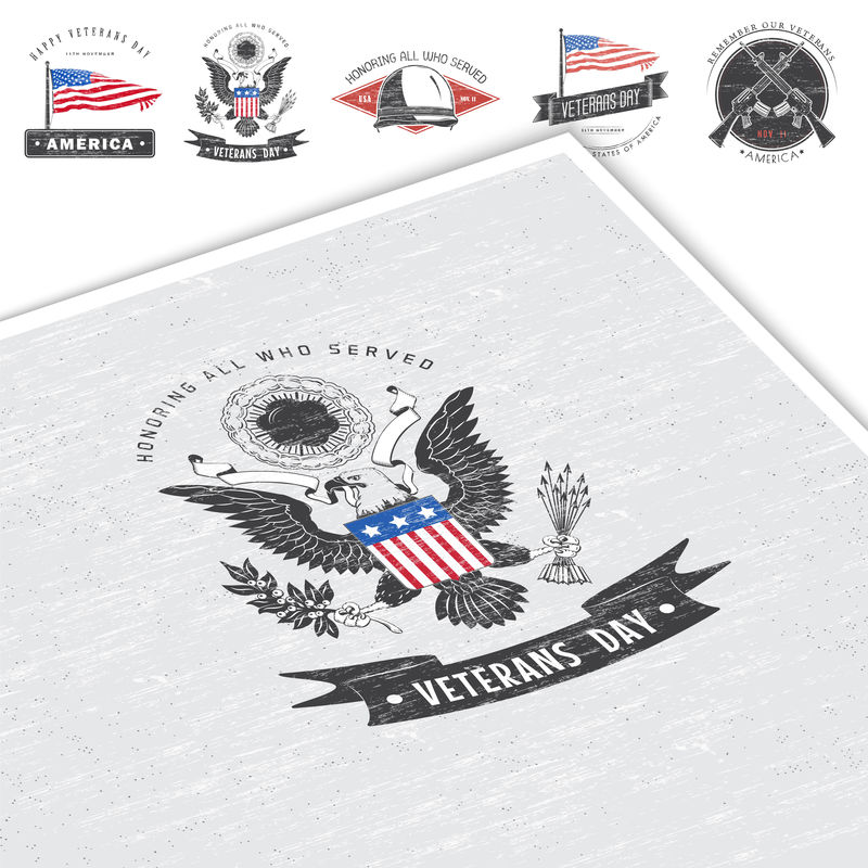 退伍军人节快乐。详细的要素。复古古董老古董。刮伤，损坏，弄脏效果。印刷标签、贴纸、标志和徽章。