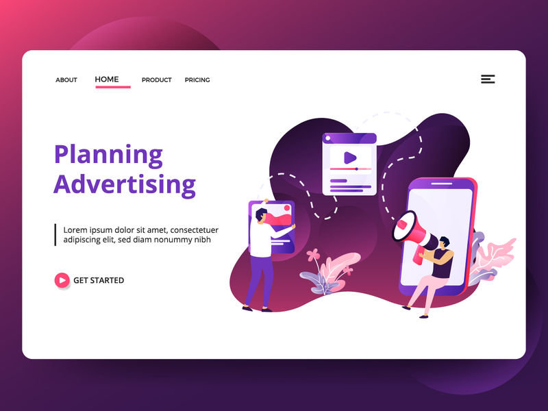 插画策划广告-男性使用麦克风进行宣传的概念-可用于登录页、网站、用户界面、横幅、模板、背景、传单、海报-现代矢量