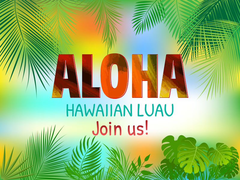 夏威夷插图-夏日阳光明媚-背景是棕榈叶和巨嘴鸟