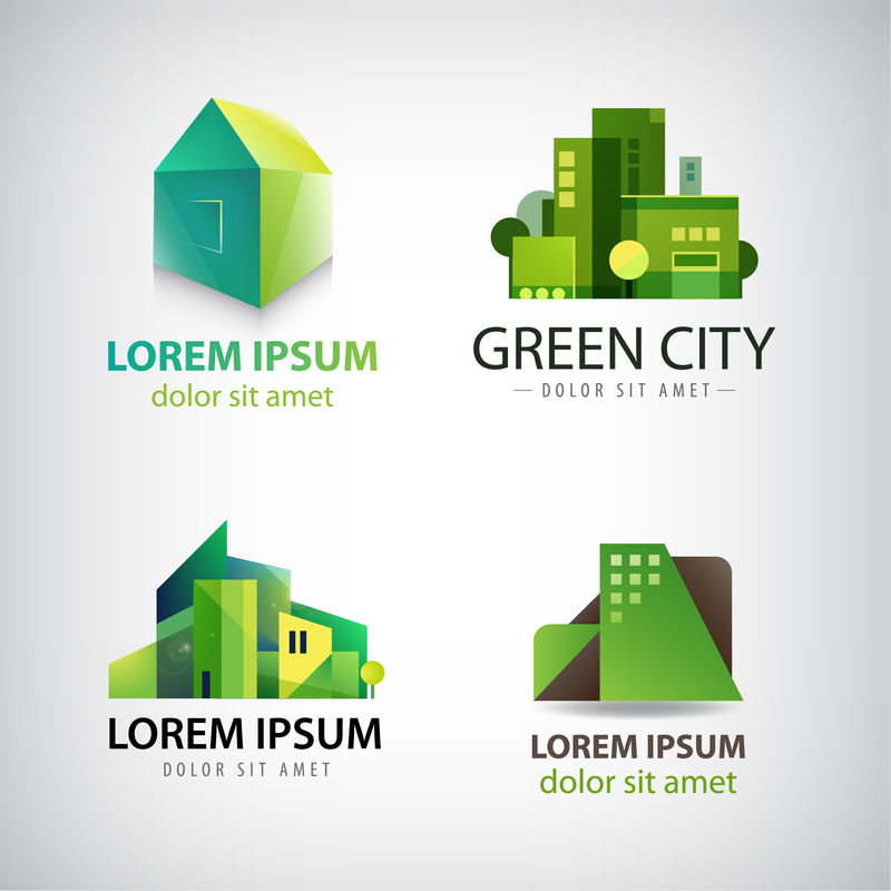 绿色建筑图标，标志向量集。生态城市、住宅理念