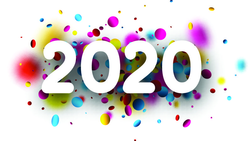 白色2020年新年背景与模糊多彩的椭圆形五彩纸屑-矢量纸插图