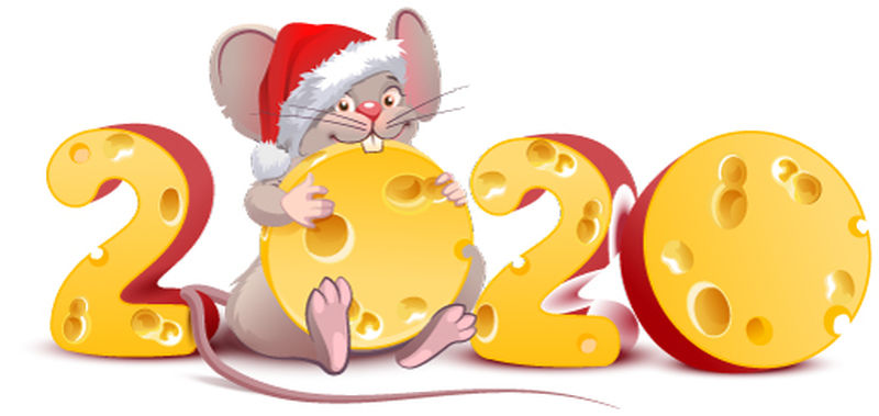 2020鼠年-可爱的卡通老鼠拿着奶酪-孤立于白色矢量图上