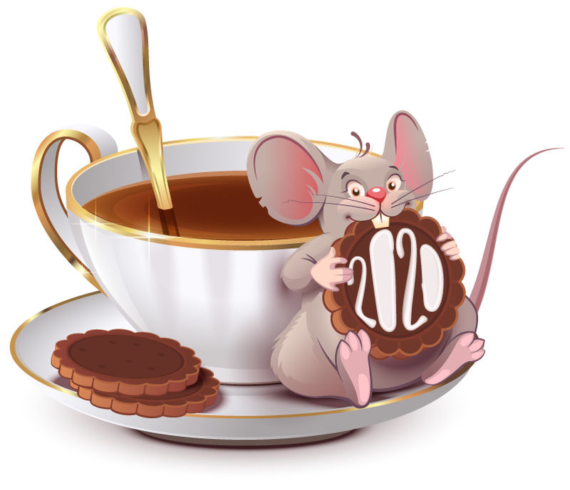 根据中国历法-2020年是鼠年-可爱的老鼠坐在咖啡旁边-吃着2020年的饼干-孤立的白色矢量卡通插图