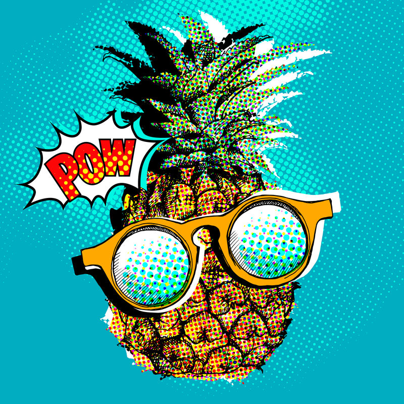 波普艺术漫画海报-上面画着一个戴眼镜的菠萝-矢量图解