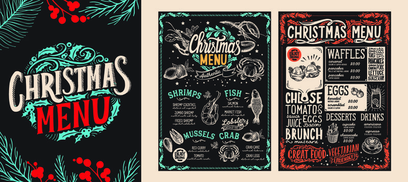 餐厅的圣诞和新年食品菜单模板。矢量